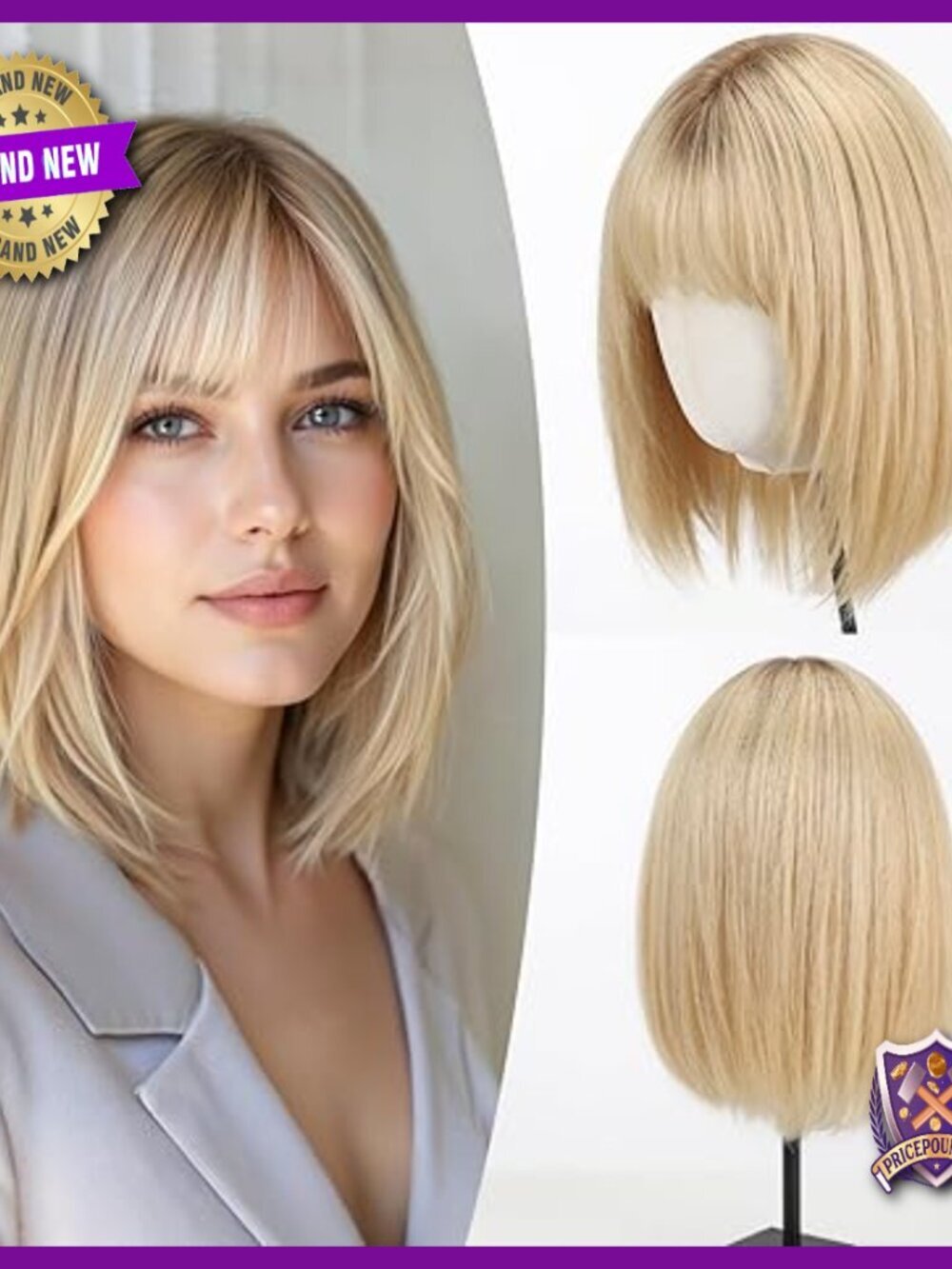 Shoulder Length Human Hair Bob Wig with Bangs, Layered Style, Breathable Cap